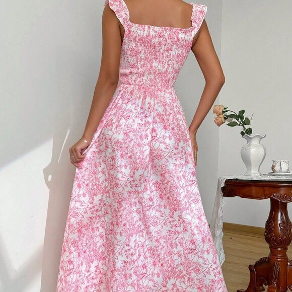 Hot Pink Women's Summer Floral Print Dress With Ruffled Hemline And Side Split - Picture 2 of 7